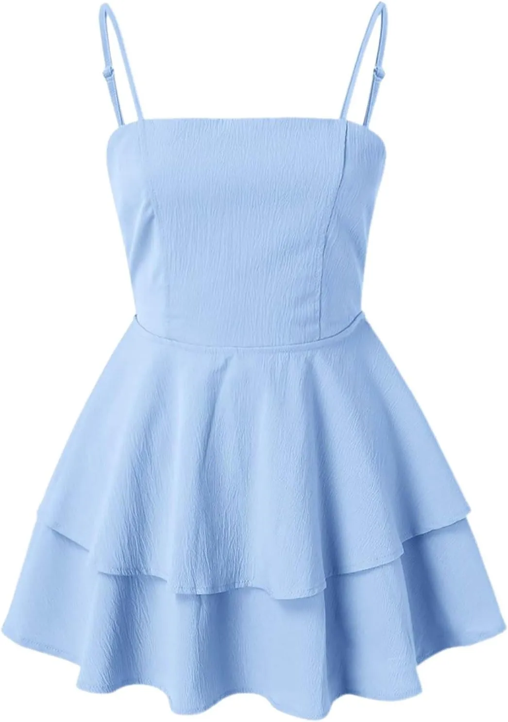 PTOLOCIF Summer Dresses Blue Sling with Square Neckline and Backless Bow for Double Ruffle Hem Daily Dress