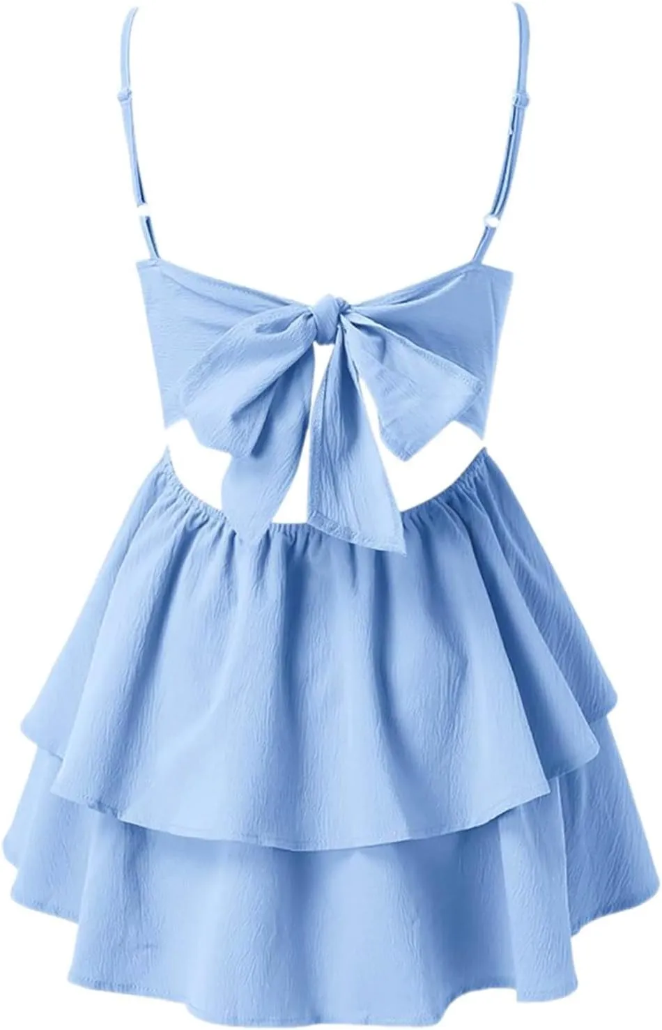 PTOLOCIF Summer Dresses Blue Sling with Square Neckline and Backless Bow for Double Ruffle Hem Daily Dress