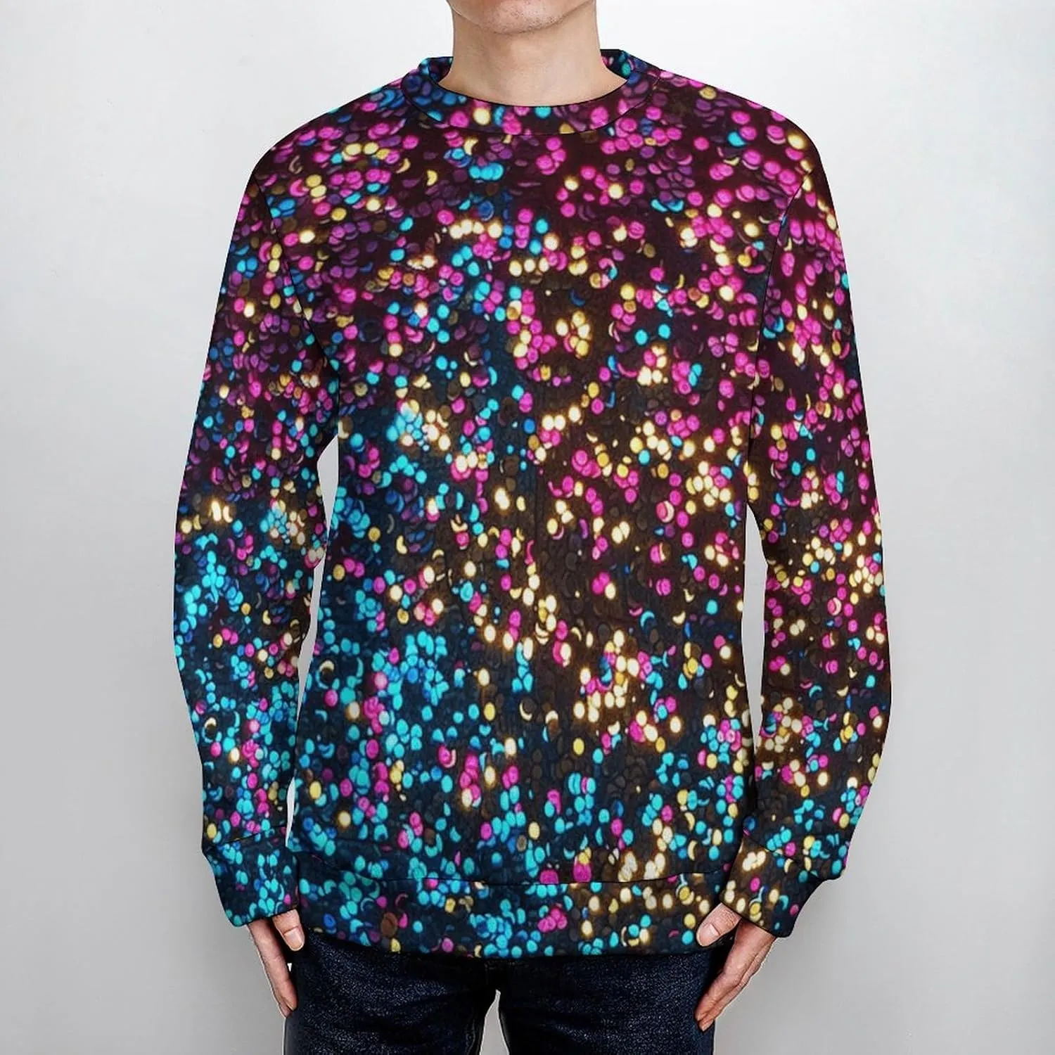 Red Blue Glitter Crew Neck Sweater Oversized Long Sleeve Pure Cotton Casual Knit Pullover Sweatshirt