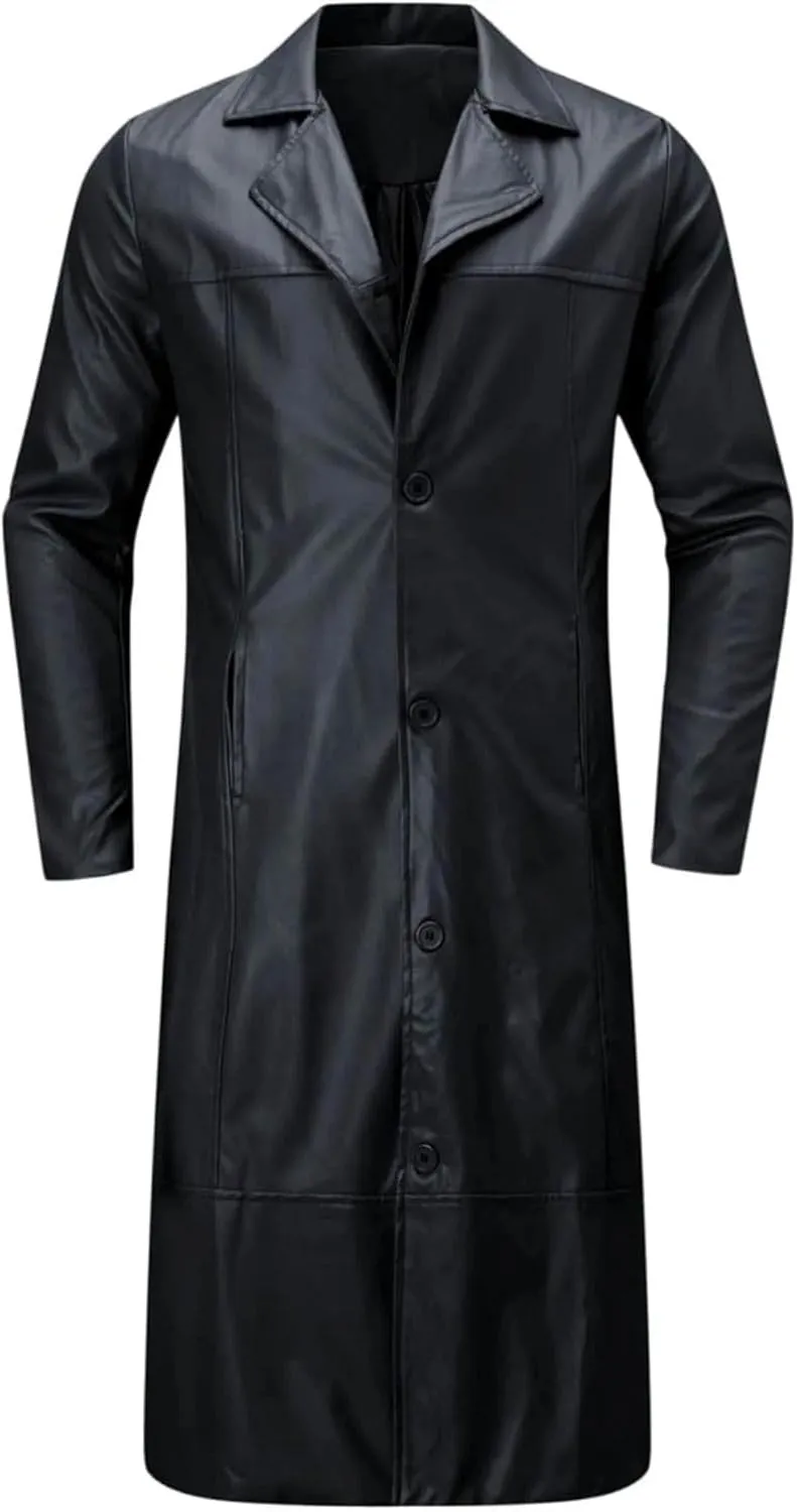 Retro Long Overcoat for Mens Classic Steampunk Black Faux Leather Trench Coat Open Front Cardigan Vintage Jackets