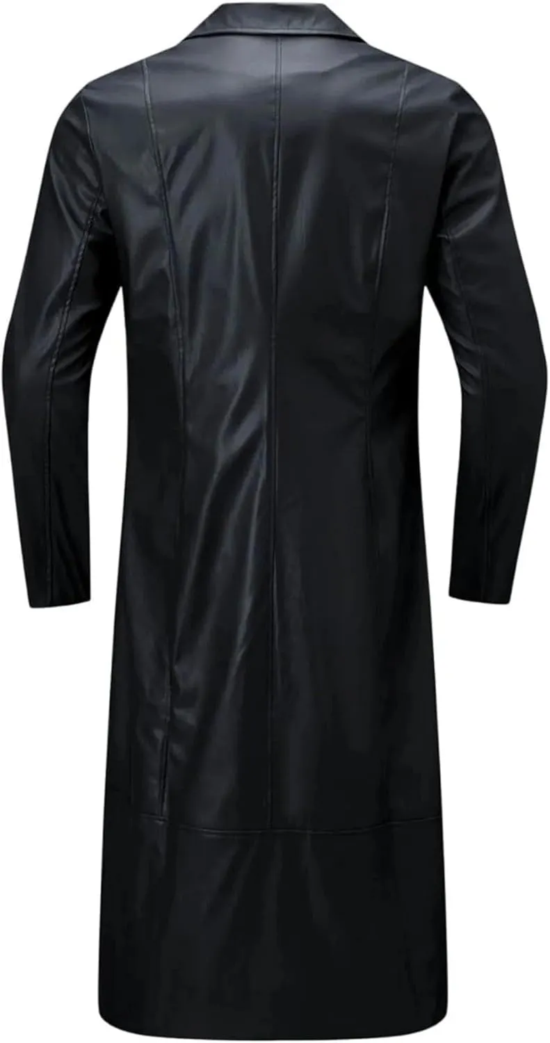 Retro Long Overcoat for Mens Classic Steampunk Black Faux Leather Trench Coat Open Front Cardigan Vintage Jackets