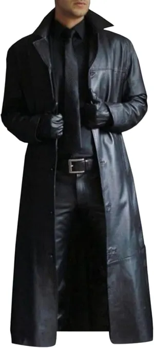Retro Long Overcoat for Mens Classic Steampunk Black Faux Leather Trench Coat Open Front Cardigan Vintage Jackets