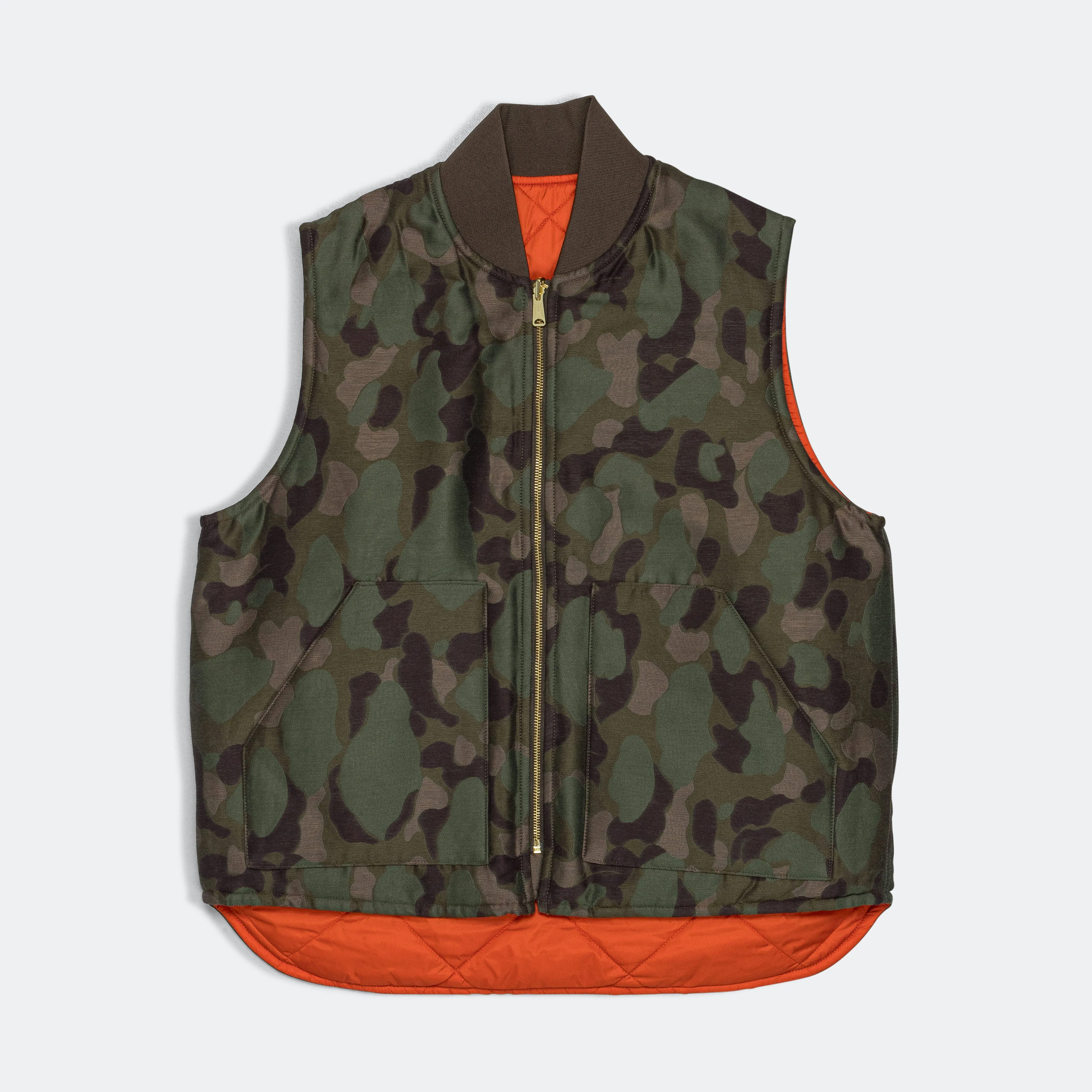 Reversible Duck Hunter Camo Puff Vest  - Olive Camo/Orange