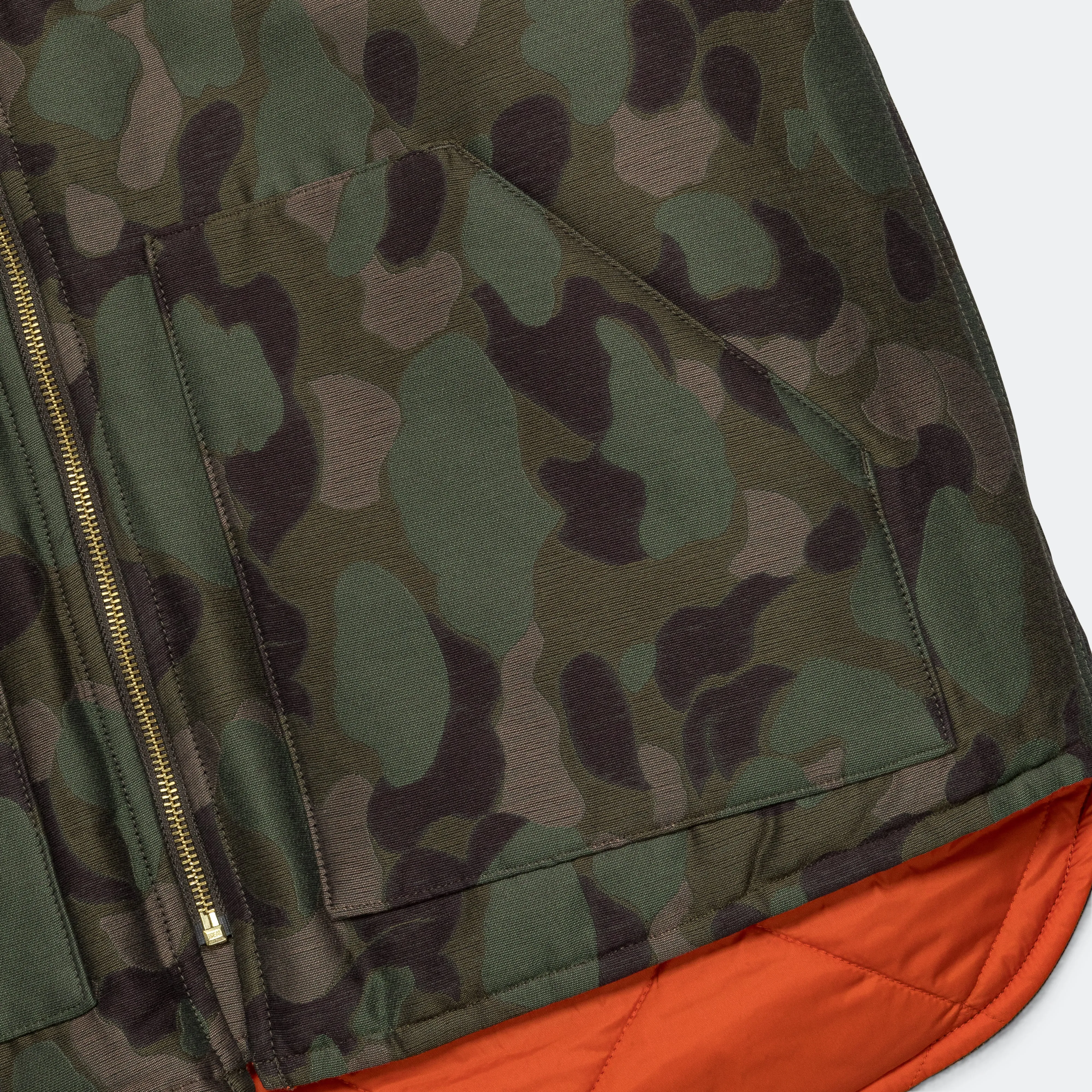 Reversible Duck Hunter Camo Puff Vest  - Olive Camo/Orange