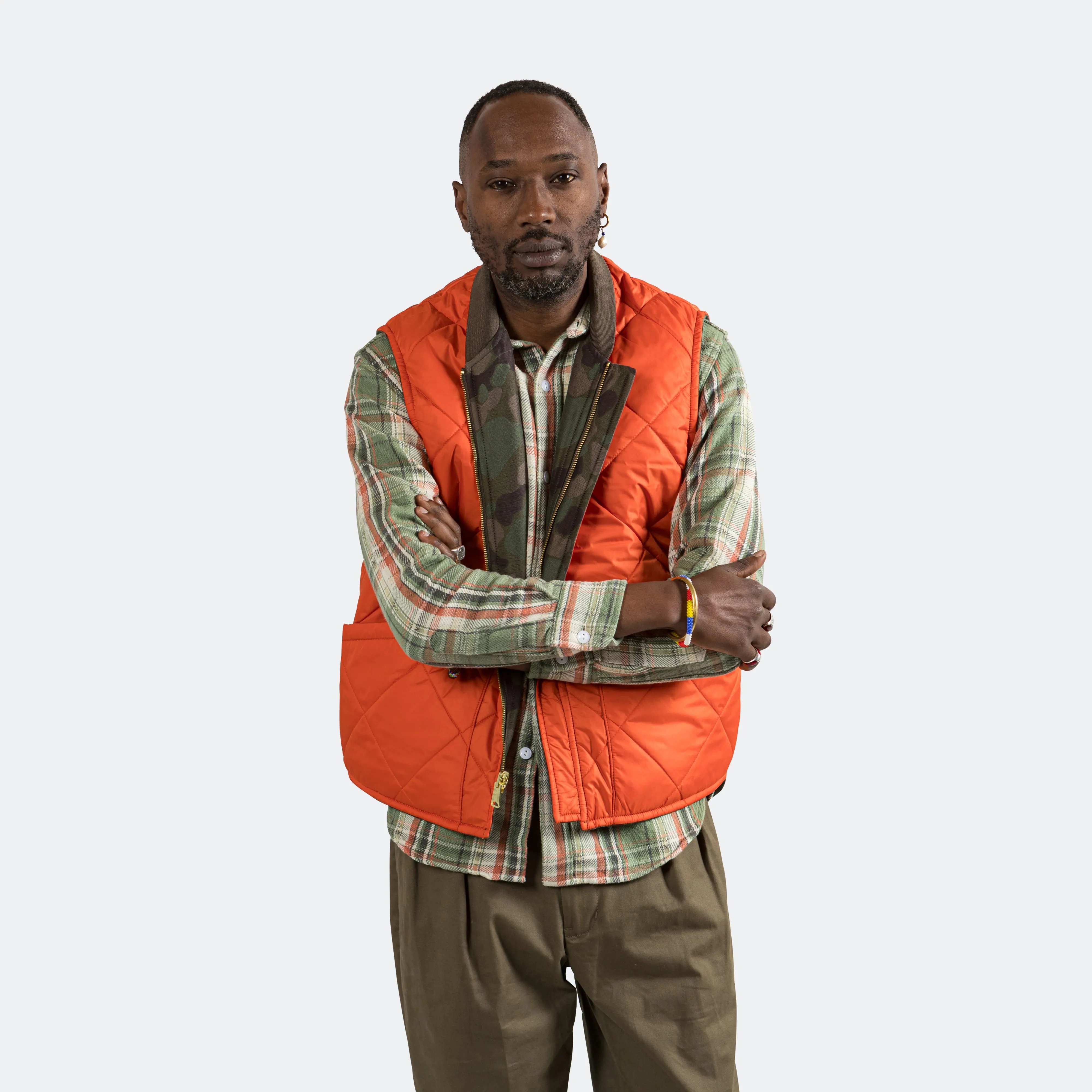 Reversible Duck Hunter Camo Puff Vest  - Olive Camo/Orange