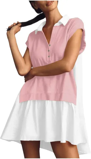 RKSTN Women's Trendy Patchwork Dresses Color Block Oversized Sweatshirt Dress Hoodie Shirt Short Sleeve Lapel Flowy Dress