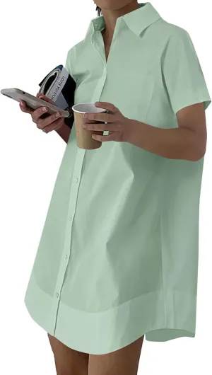 Rooscier Women's Casual Shirt Dress Collar V Neck Button Down Short Sleeve Loose Mini Dresses