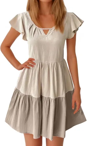Ruffle Mini Dress for Women 2025 Summer Keyhole Sleeve A Line Dress Colorblock Pleated Beach Vacation Sundress