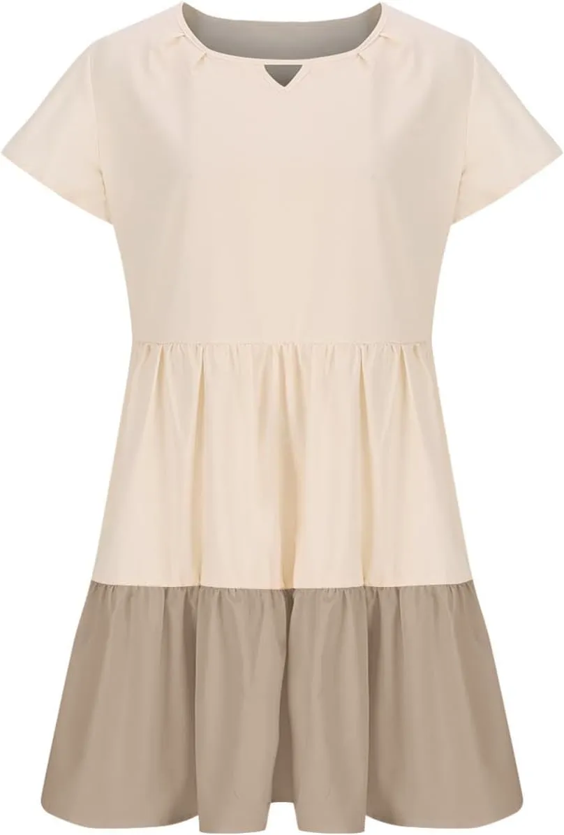 Ruffle Mini Dress for Women 2025 Summer Keyhole Sleeve A Line Dress Colorblock Pleated Beach Vacation Sundress