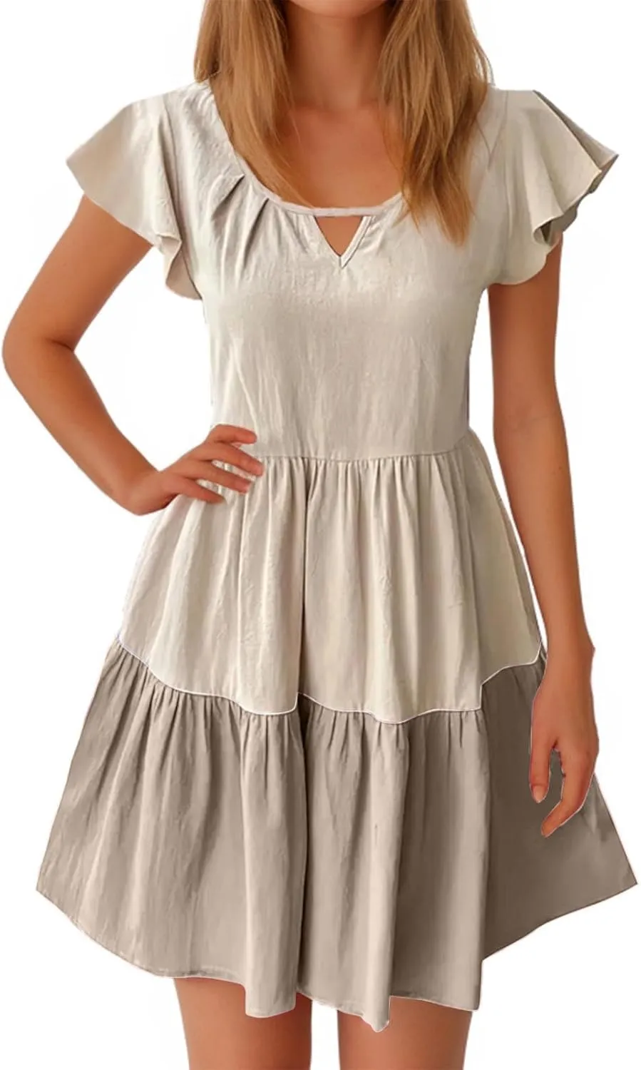 Ruffle Mini Dress for Women 2025 Summer Keyhole Sleeve A Line Dress Colorblock Pleated Beach Vacation Sundress