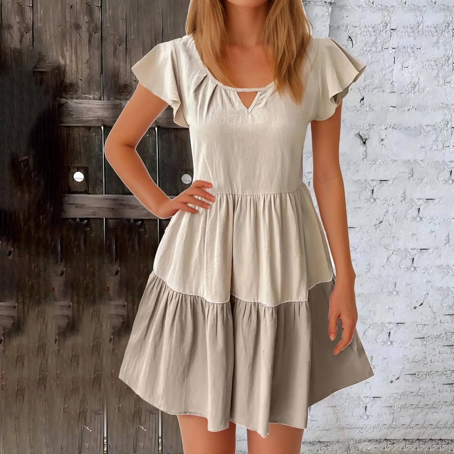 Ruffle Mini Dress for Women 2025 Summer Keyhole Sleeve A Line Dress Colorblock Pleated Beach Vacation Sundress