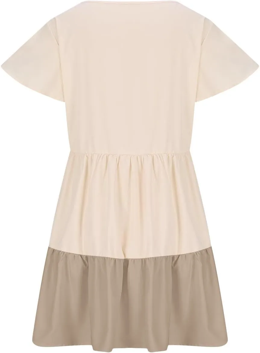 Ruffle Mini Dress for Women 2025 Summer Keyhole Sleeve A Line Dress Colorblock Pleated Beach Vacation Sundress