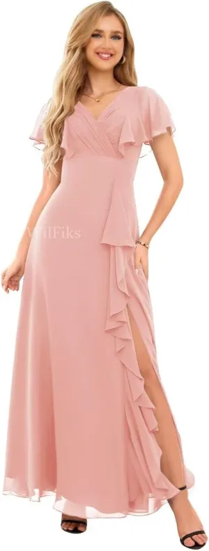 Ruffle V Neck Bridesmaid Dresses for Women Long Ruched Chiffon Formal Wedding Guest Dress Evening Gowns with Slit