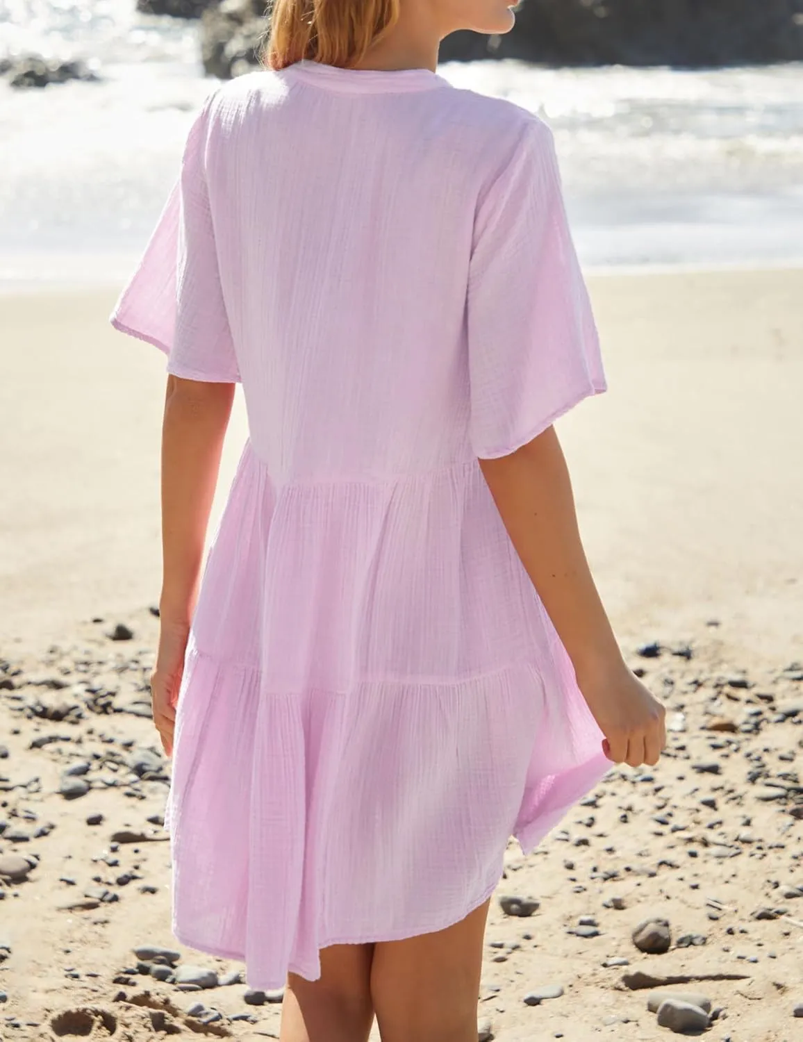 R.Vivimos Womens Summer Cotton Flowy Mini Dress V Neck Short Sleeve Boho Ruffle Tiered Casual Loose Tunic Dress