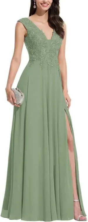 S Marlene V Neck Bridesmaid Dresses for Women Long Chiffon A Line Lace Appliques Formal Evening Party Gowns Prom Dresses with Slit Sage Green