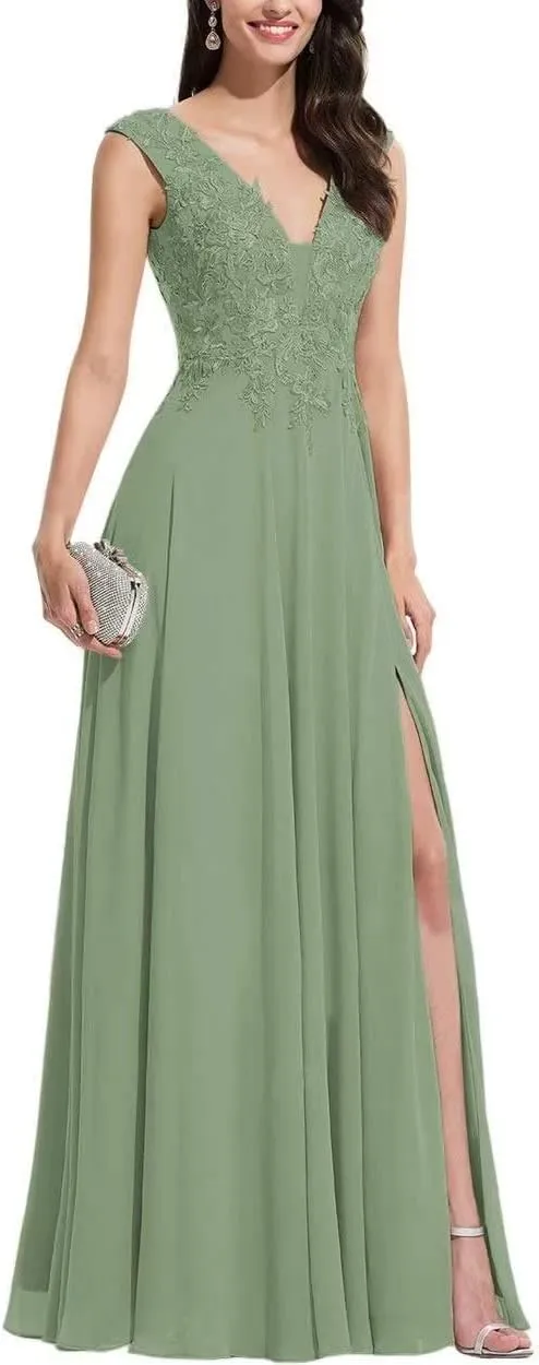 S Marlene V Neck Bridesmaid Dresses for Women Long Chiffon A Line Lace Appliques Formal Evening Party Gowns Prom Dresses with Slit Sage Green