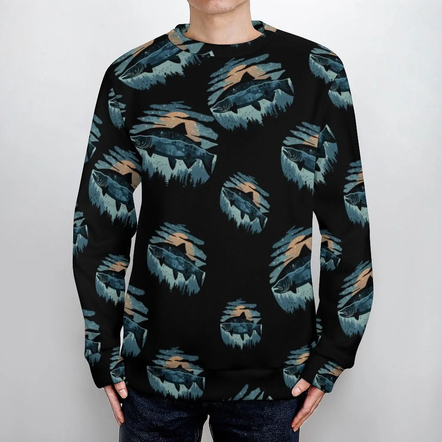 Salmon Fish World Crew Neck Sweater Oversized Long Sleeve Pure Cotton Casual Knit Pullover Sweatshirt