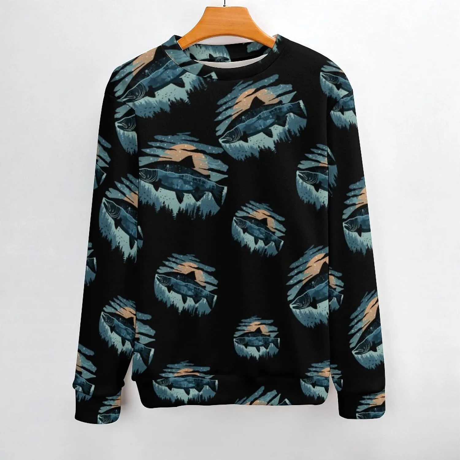 Salmon Fish World Crew Neck Sweater Oversized Long Sleeve Pure Cotton Casual Knit Pullover Sweatshirt