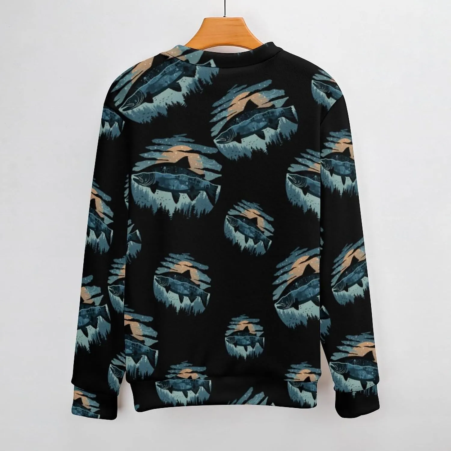 Salmon Fish World Crew Neck Sweater Oversized Long Sleeve Pure Cotton Casual Knit Pullover Sweatshirt