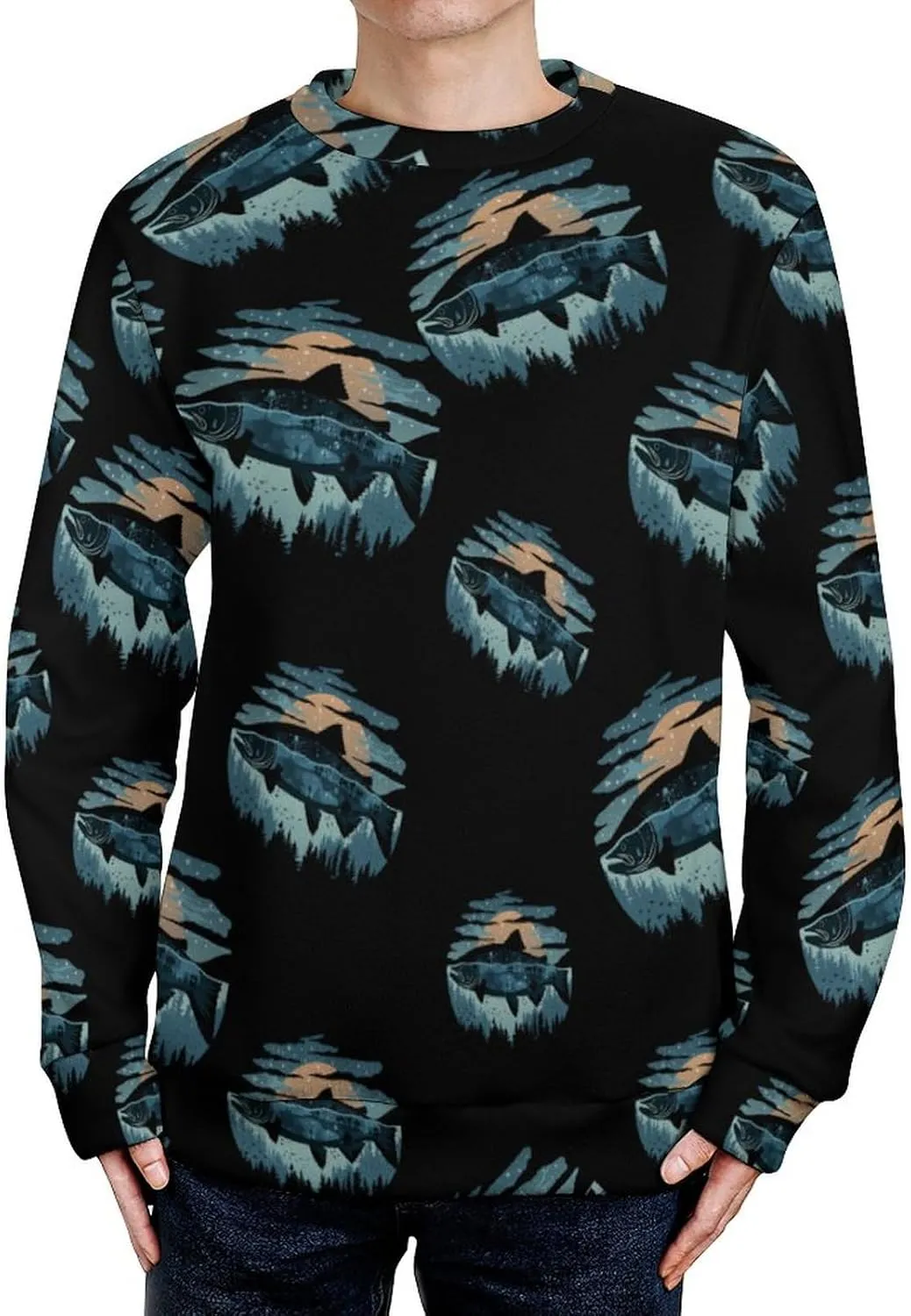 Salmon Fish World Crew Neck Sweater Oversized Long Sleeve Pure Cotton Casual Knit Pullover Sweatshirt