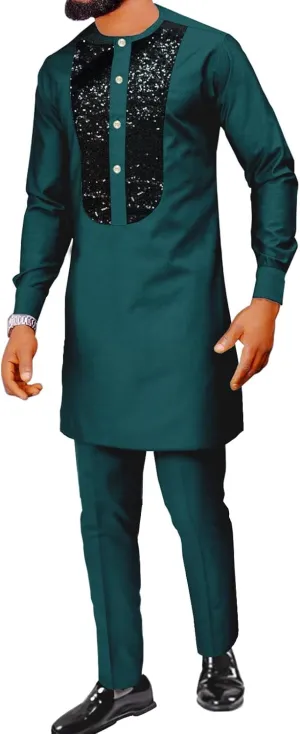 SEA&ALP African Men's Fashion Sequin Clothing Classical Long Sleeve Shirt and Pant Two Pieces Suit Dashiki Formal Outfits
