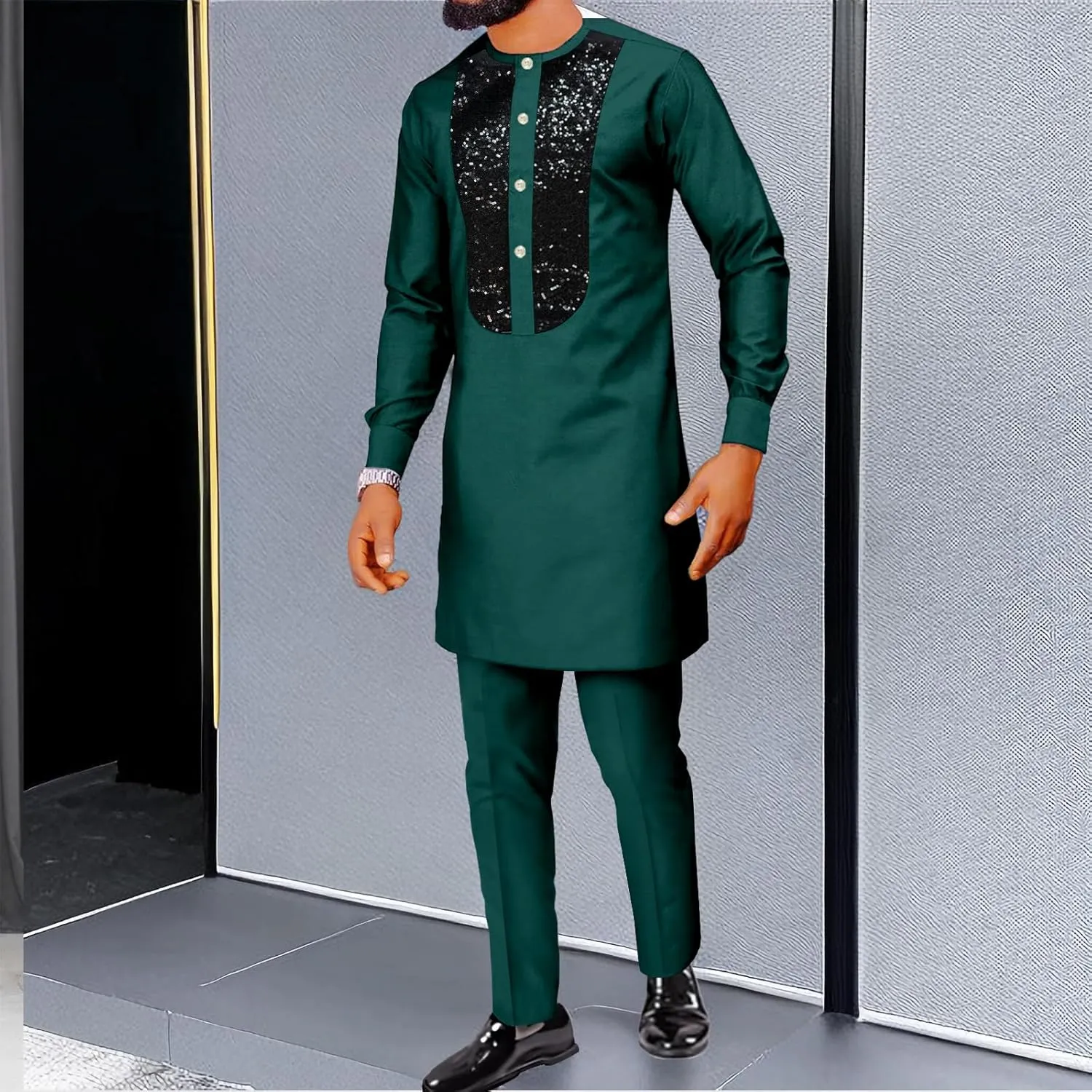 SEA&ALP African Men's Fashion Sequin Clothing Classical Long Sleeve Shirt and Pant Two Pieces Suit Dashiki Formal Outfits