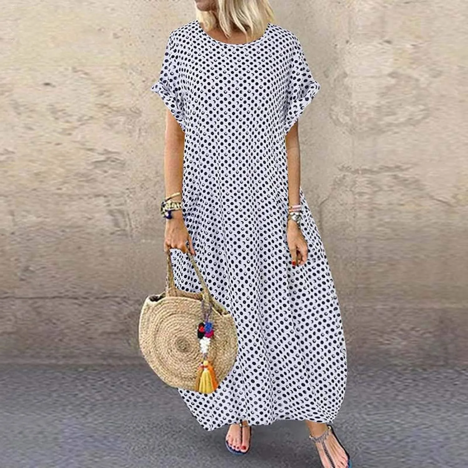 SHAOBGE Cocktail Dress for Women Trendy 2024 Round Casual Polka Neck Sleeve Print Maxi Women Short Dress Summer
