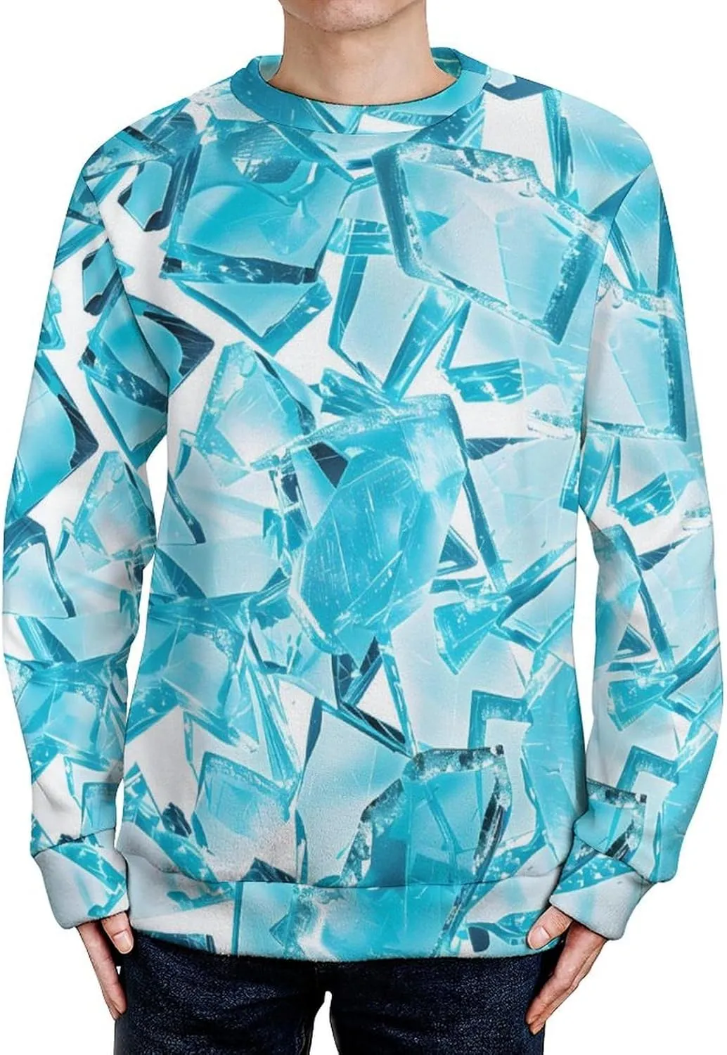Shattered Cyan Glass Pieces Crew Neck Sweater Oversized Long Sleeve Pure Cotton Casual Knit Pullover Sweatshirt