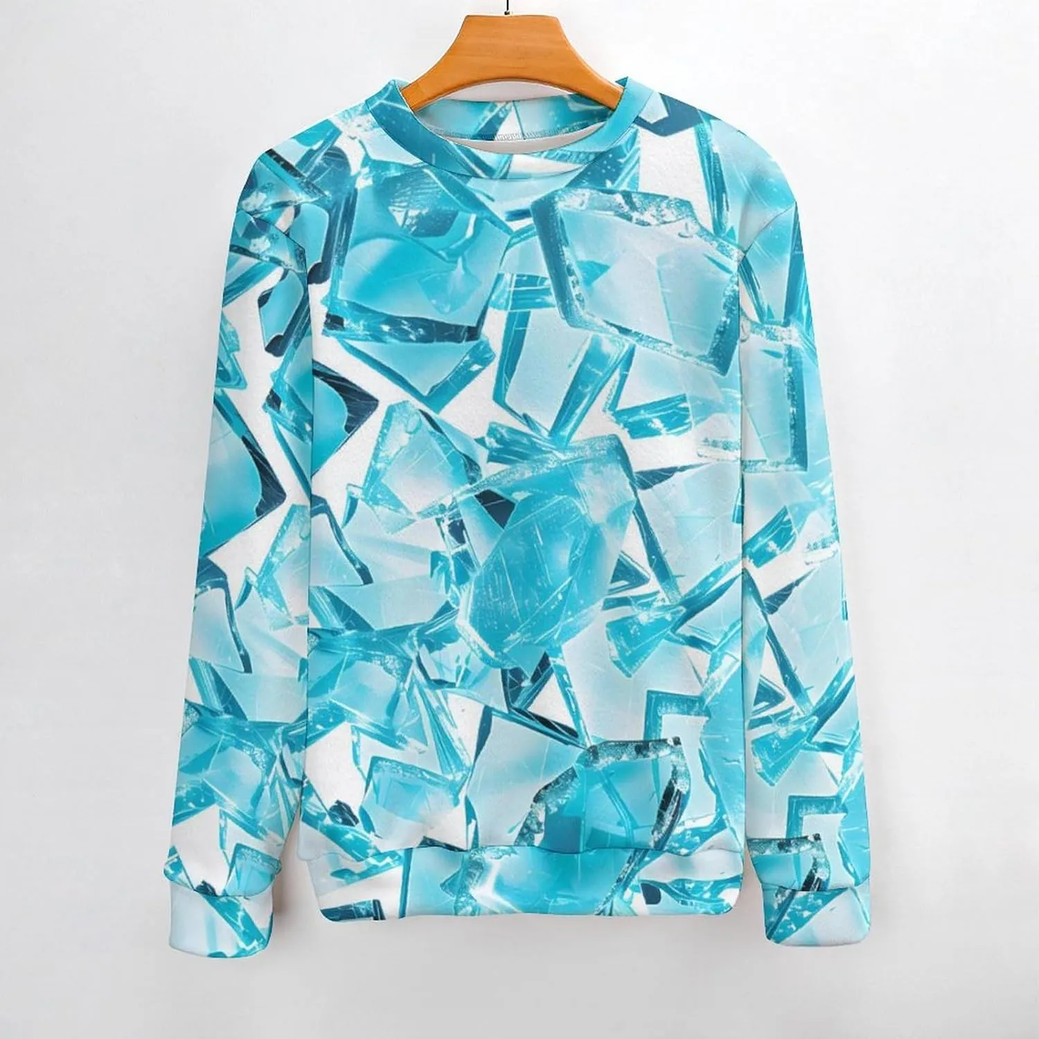 Shattered Cyan Glass Pieces Crew Neck Sweater Oversized Long Sleeve Pure Cotton Casual Knit Pullover Sweatshirt
