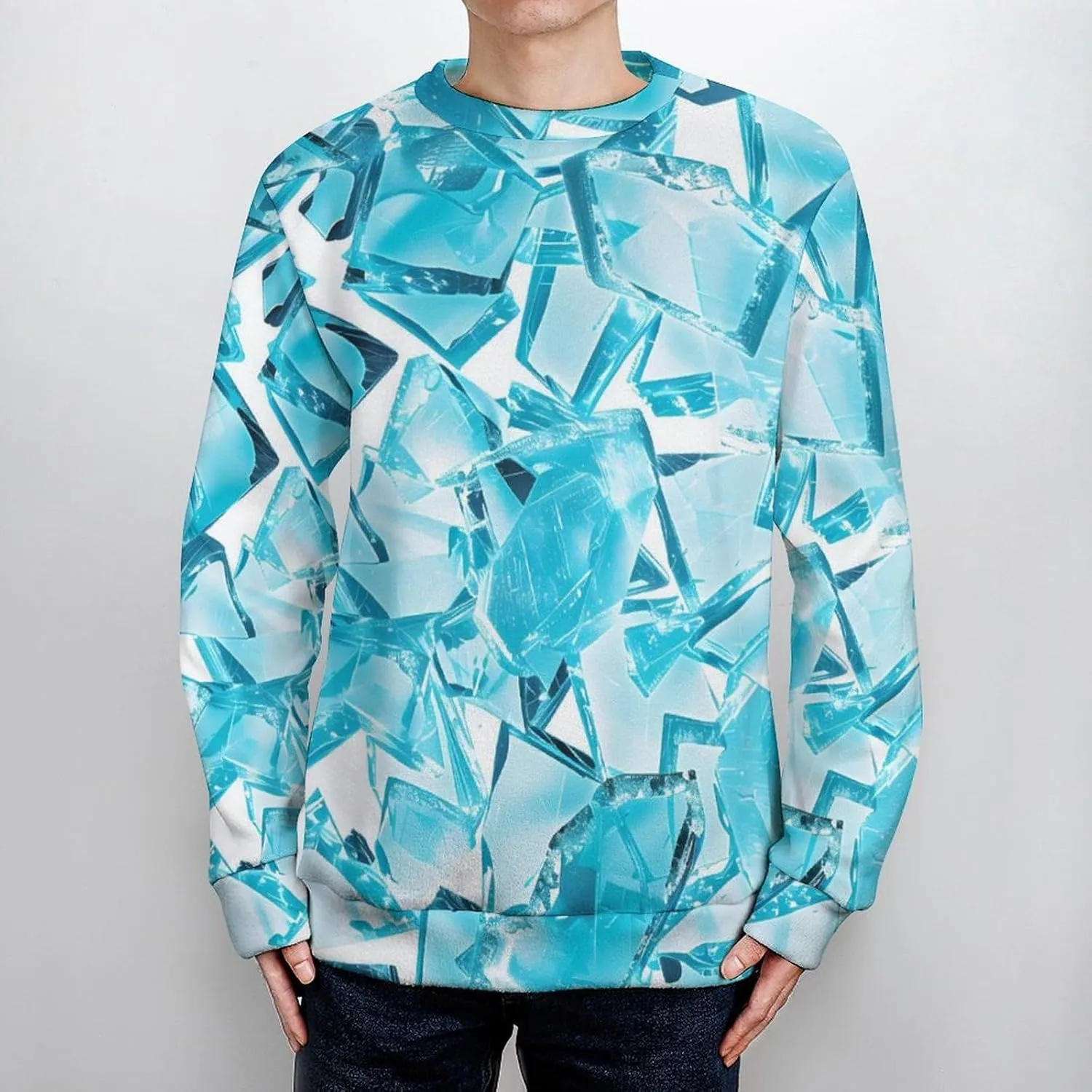 Shattered Cyan Glass Pieces Crew Neck Sweater Oversized Long Sleeve Pure Cotton Casual Knit Pullover Sweatshirt