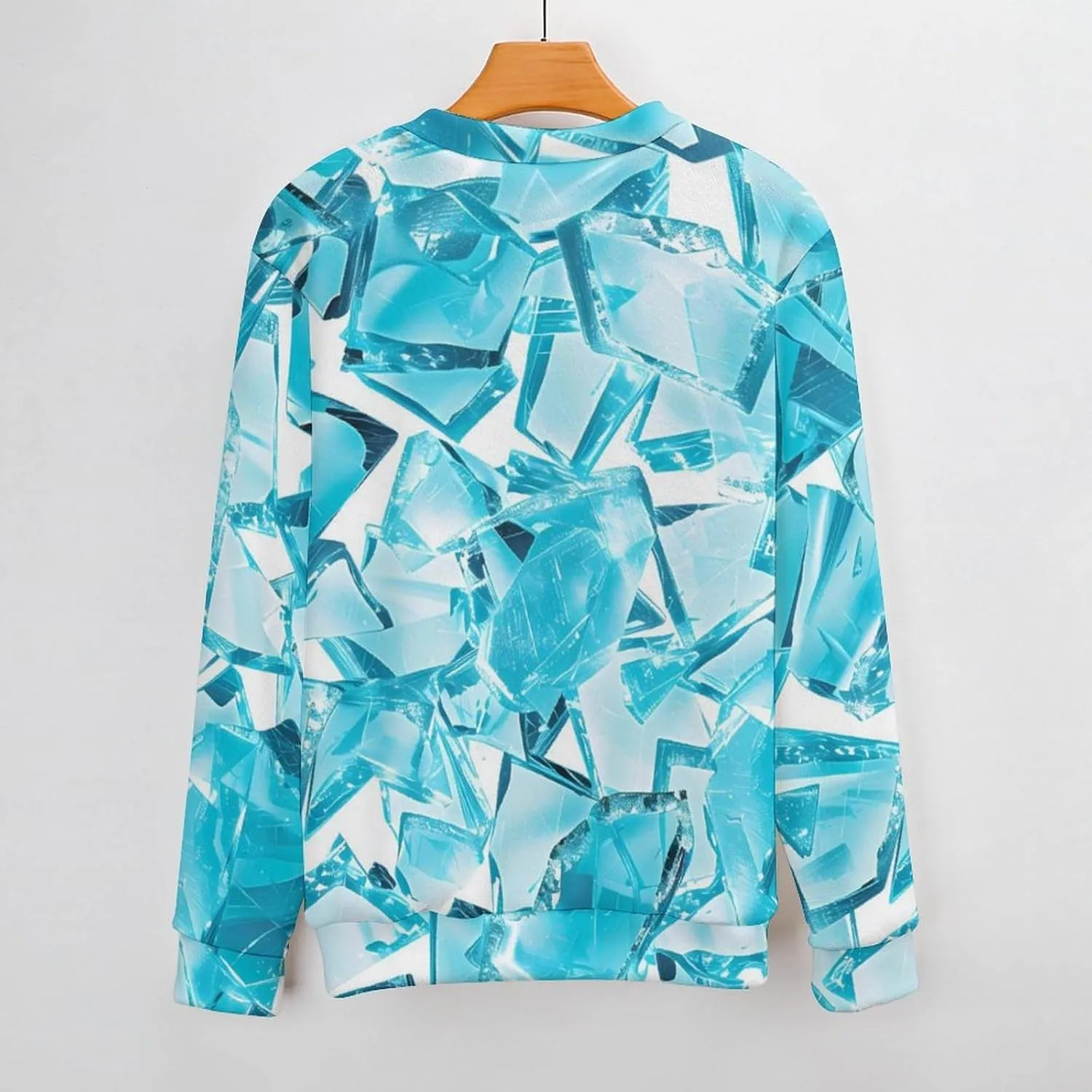Shattered Cyan Glass Pieces Crew Neck Sweater Oversized Long Sleeve Pure Cotton Casual Knit Pullover Sweatshirt