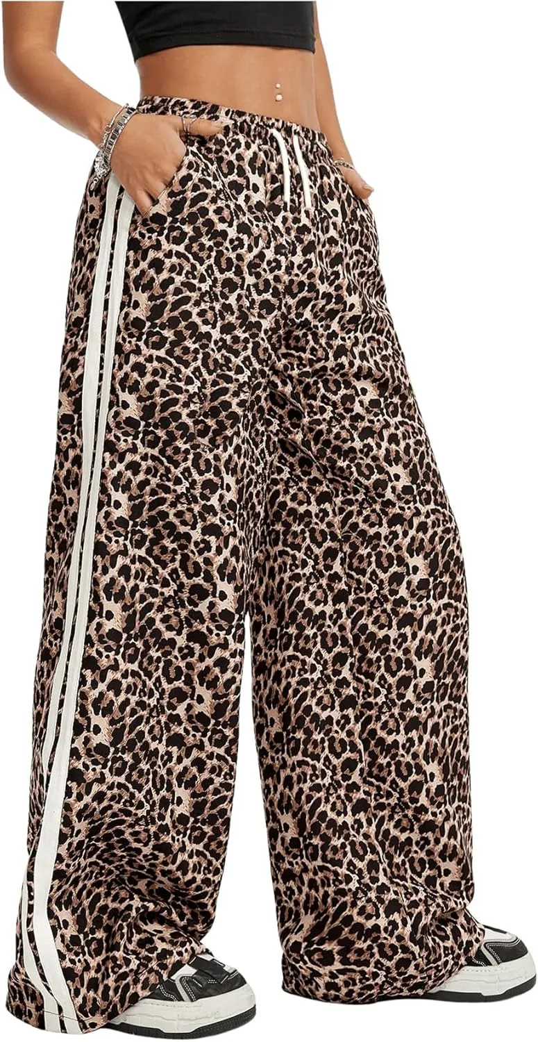 SHENHE Girl's Y2k Leopard Print Pants Wide Leg Baggy Side Stripe Cheetah Pants Trousers