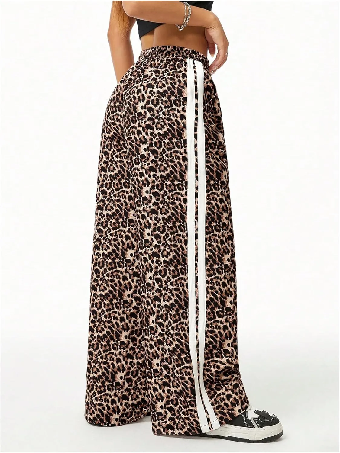 SHENHE Girl's Y2k Leopard Print Pants Wide Leg Baggy Side Stripe Cheetah Pants Trousers