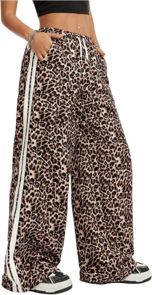 SHENHE Girl's Y2k Leopard Print Pants Wide Leg Baggy Side Stripe Cheetah Pants Trousers