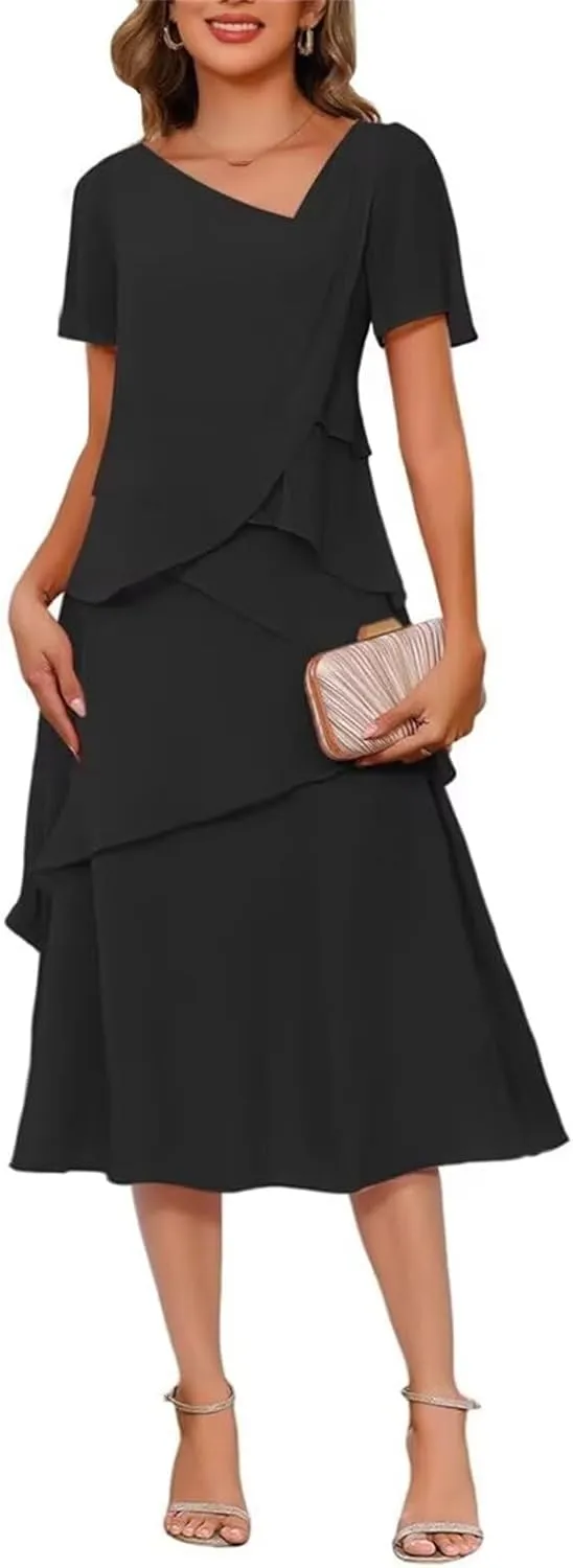 Short Mother of The Bride Dresses for Wedding 2025 Chiffon A Line Evening Dress with Sleeve