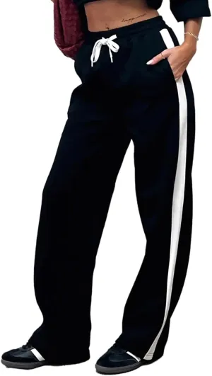 SOFIA'S CHOICE Women's Drawstring Sweatpants Side Stripe Pants Wide Leg Track Pants with Pockets