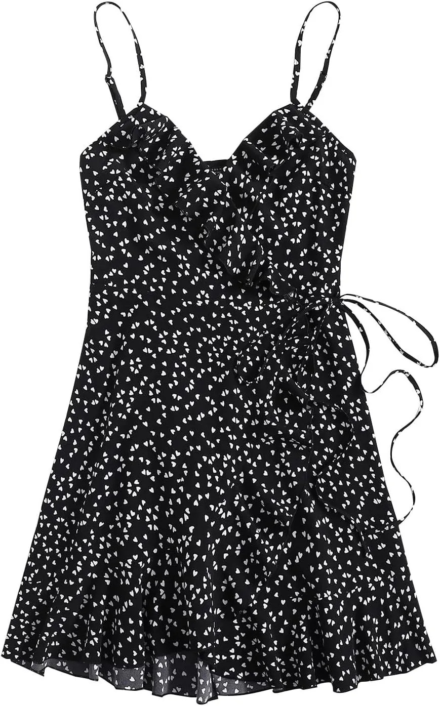 Spaghetti Strap Floral Mini Dress Women's Casual Wrap V-Neck Tie Side Ruffle Boho Dress Summer Beach Sundress