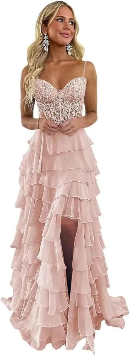 Spaghetti Straps Prom Dresses for Women Lace Long Ball Gown with Slit Chiffon Tiered Formal Evening Dress