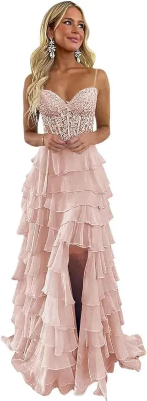 Spaghetti Straps Prom Dresses for Women Lace Long Ball Gown with Slit Chiffon Tiered Formal Evening Dress