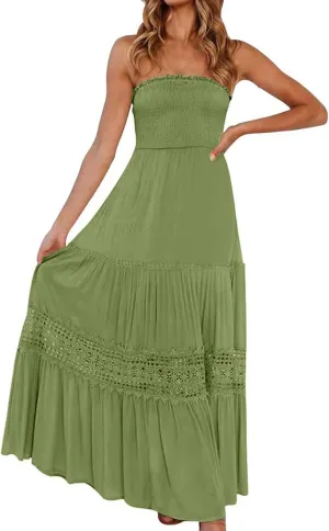 Strapless Maxi Dress Summer Smocked Ruffle Empire Waist A Line Dress Boho Beach Vacation Long Flowy Tube Dresses
