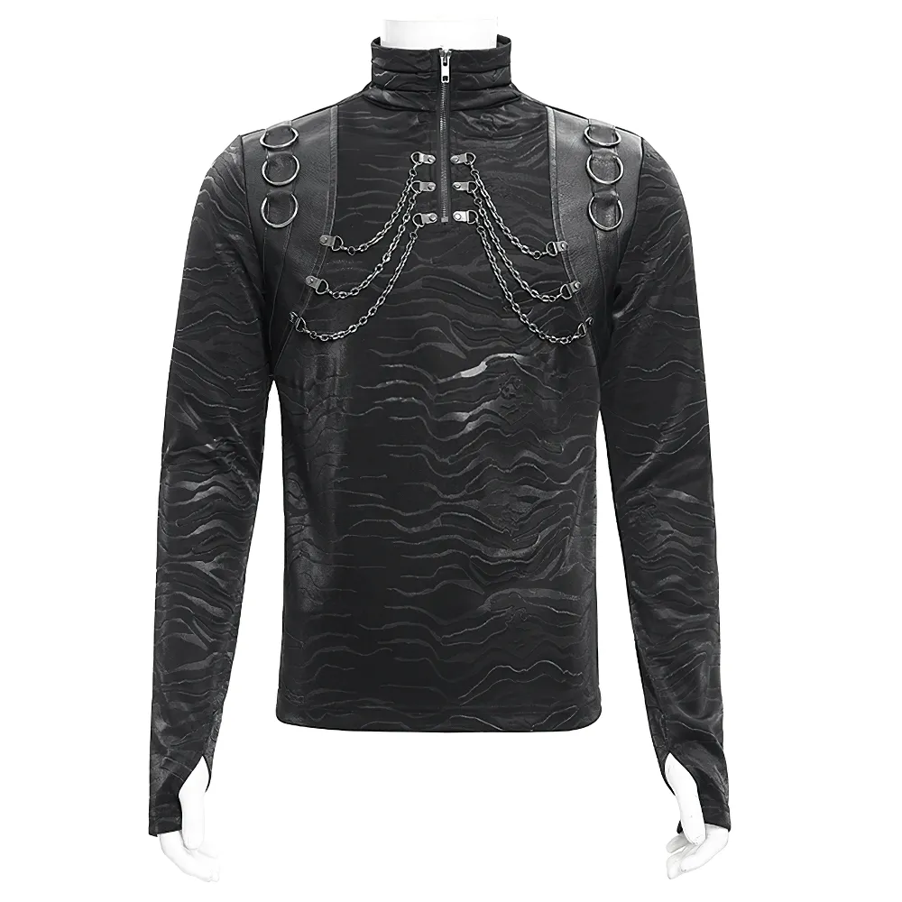 Stylish Men's Gothic Chain Decor High Collar Black Top
