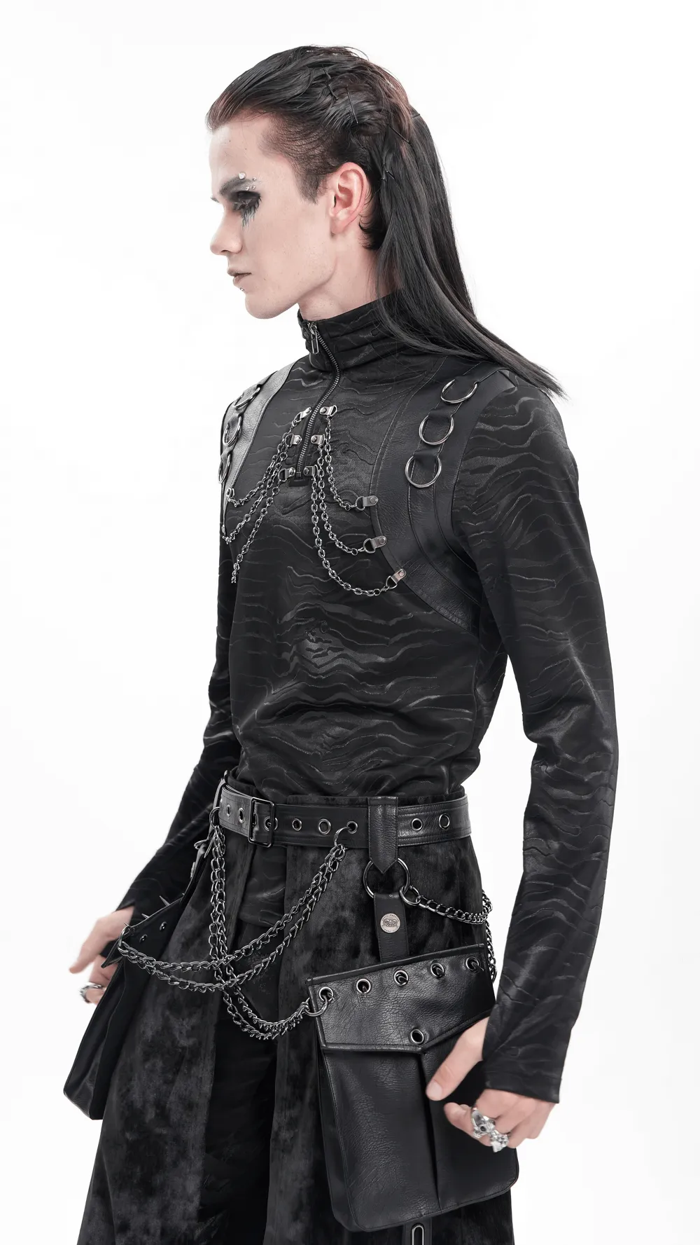 Stylish Men's Gothic Chain Decor High Collar Black Top