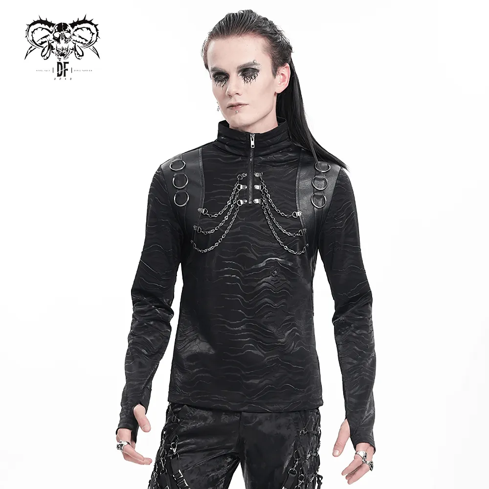 Stylish Men's Gothic Chain Decor High Collar Black Top