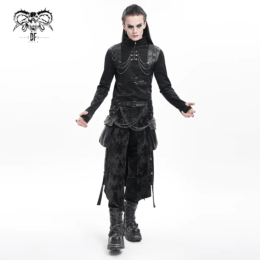 Stylish Men's Gothic Chain Decor High Collar Black Top