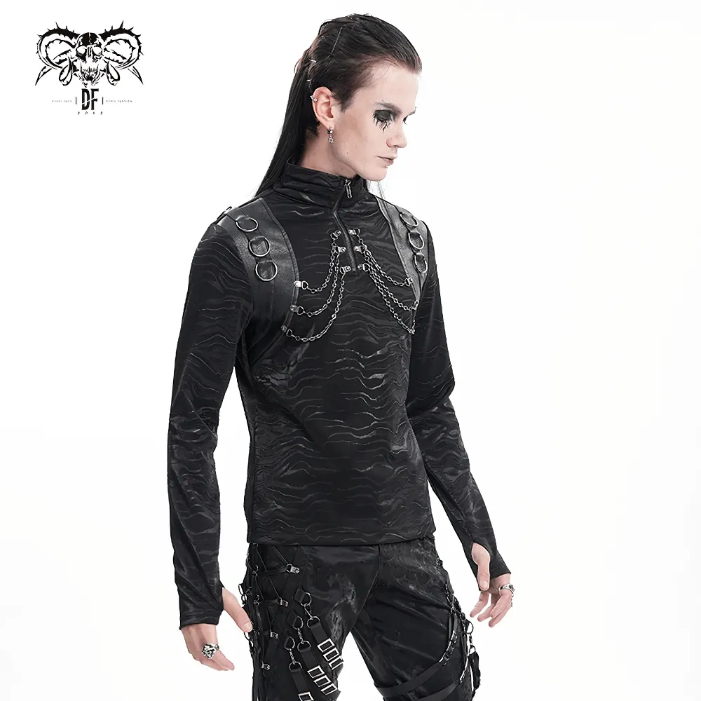 Stylish Men's Gothic Chain Decor High Collar Black Top