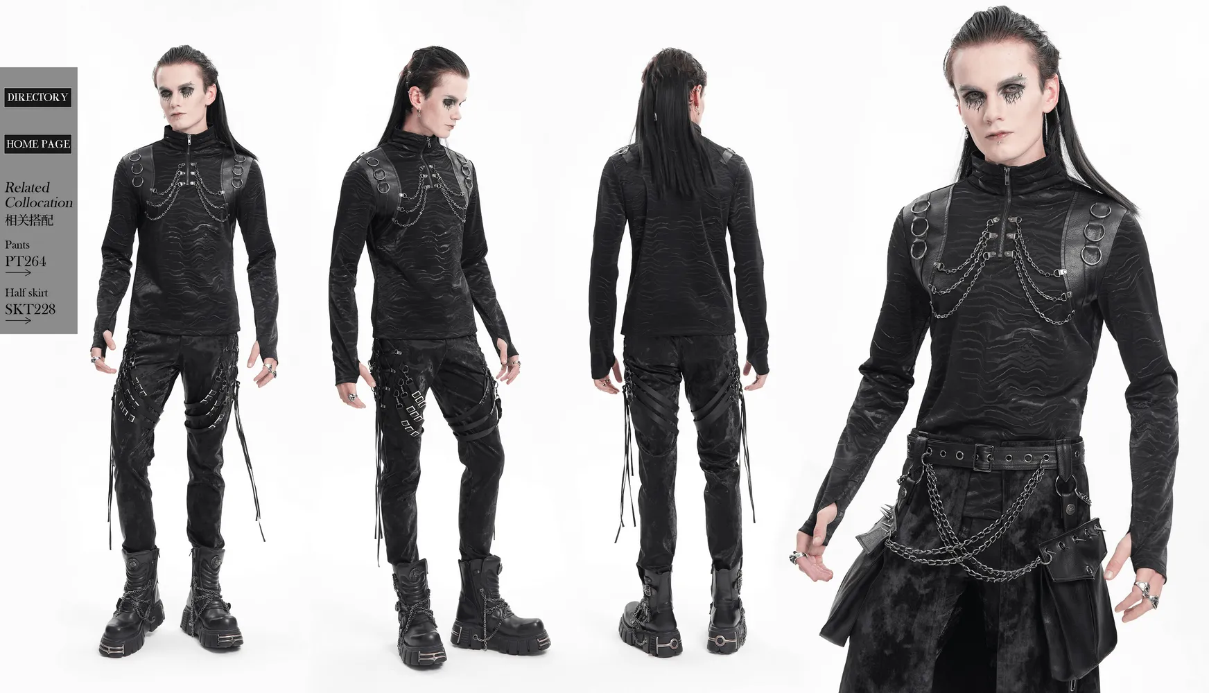 Stylish Men's Gothic Chain Decor High Collar Black Top