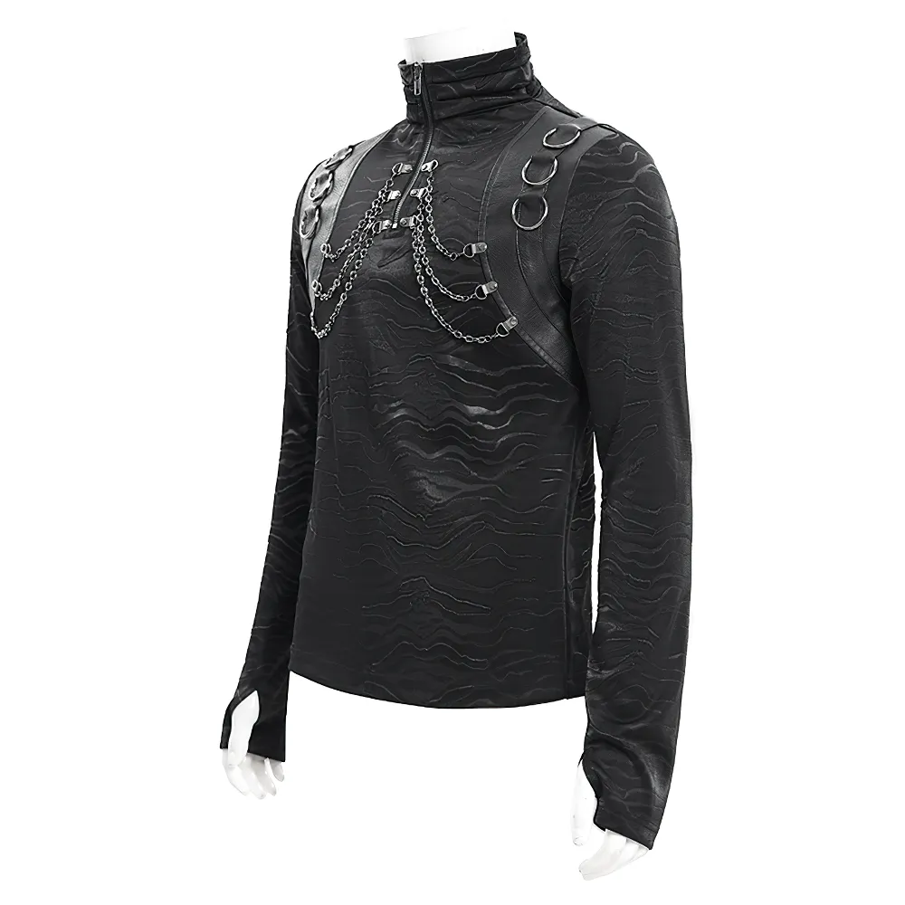 Stylish Men's Gothic Chain Decor High Collar Black Top