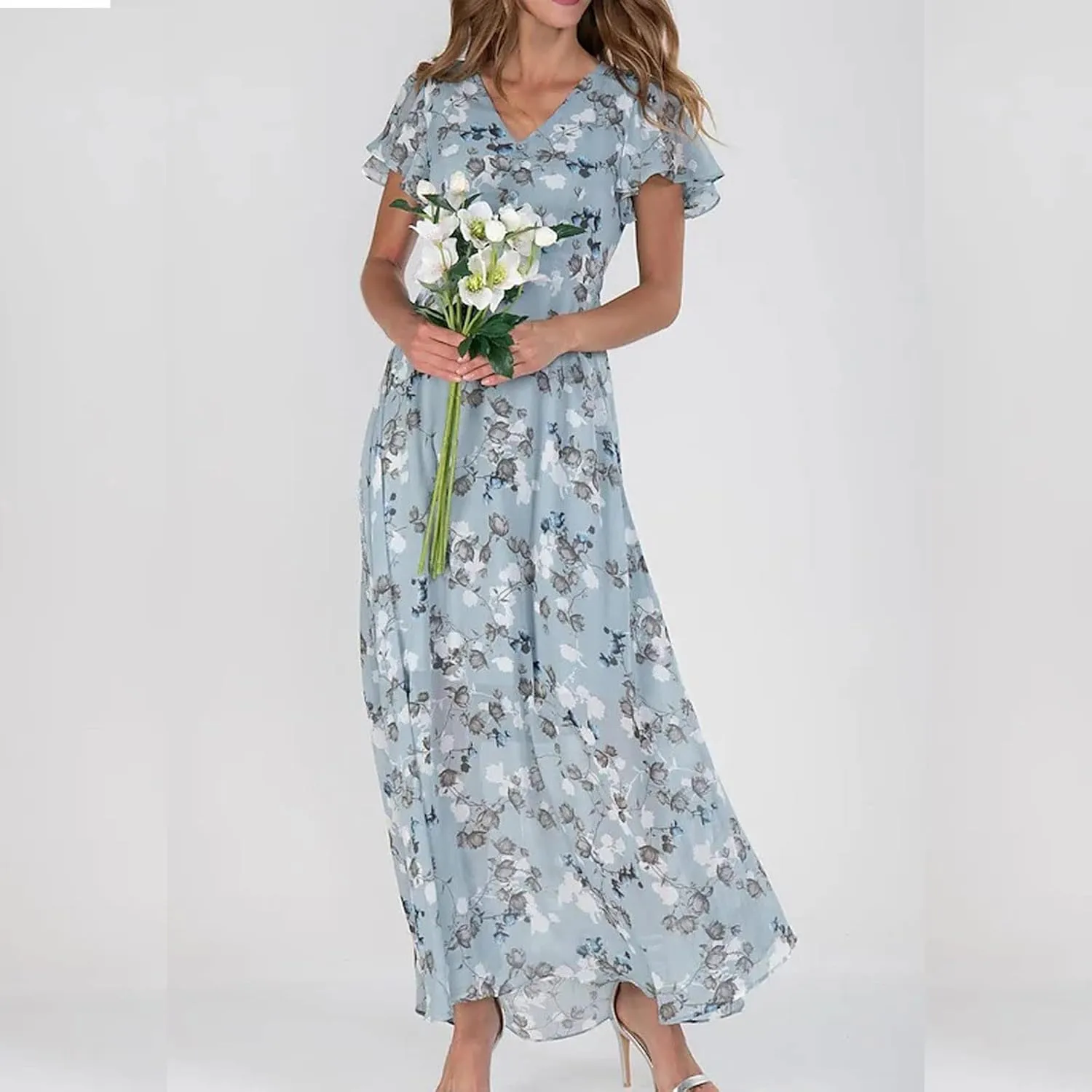 Summer Dress for Women Fashion Short Sleeve V Neck Ruffle Floral Swing A-Line Short Dresses