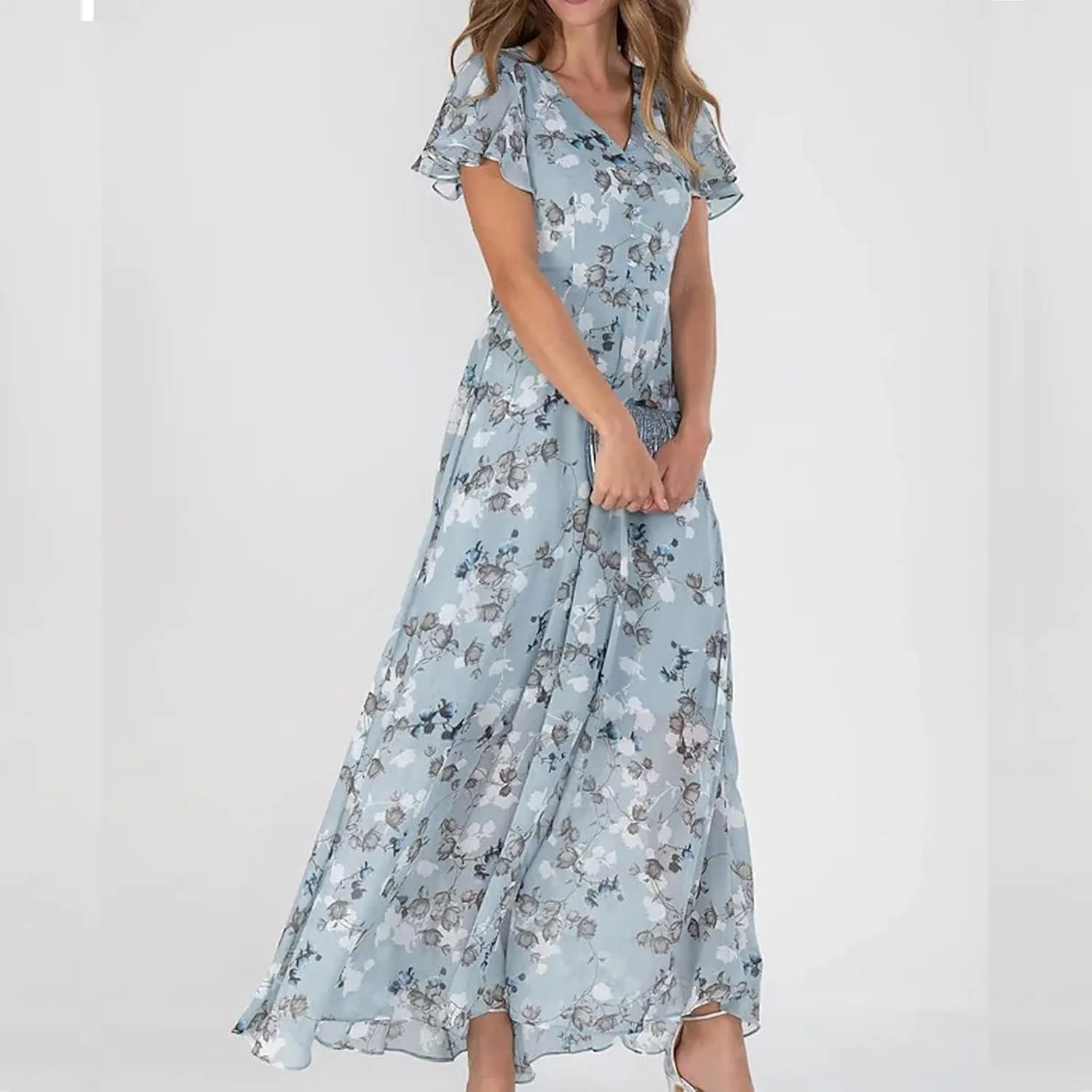 Summer Dress for Women Fashion Short Sleeve V Neck Ruffle Floral Swing A-Line Short Dresses