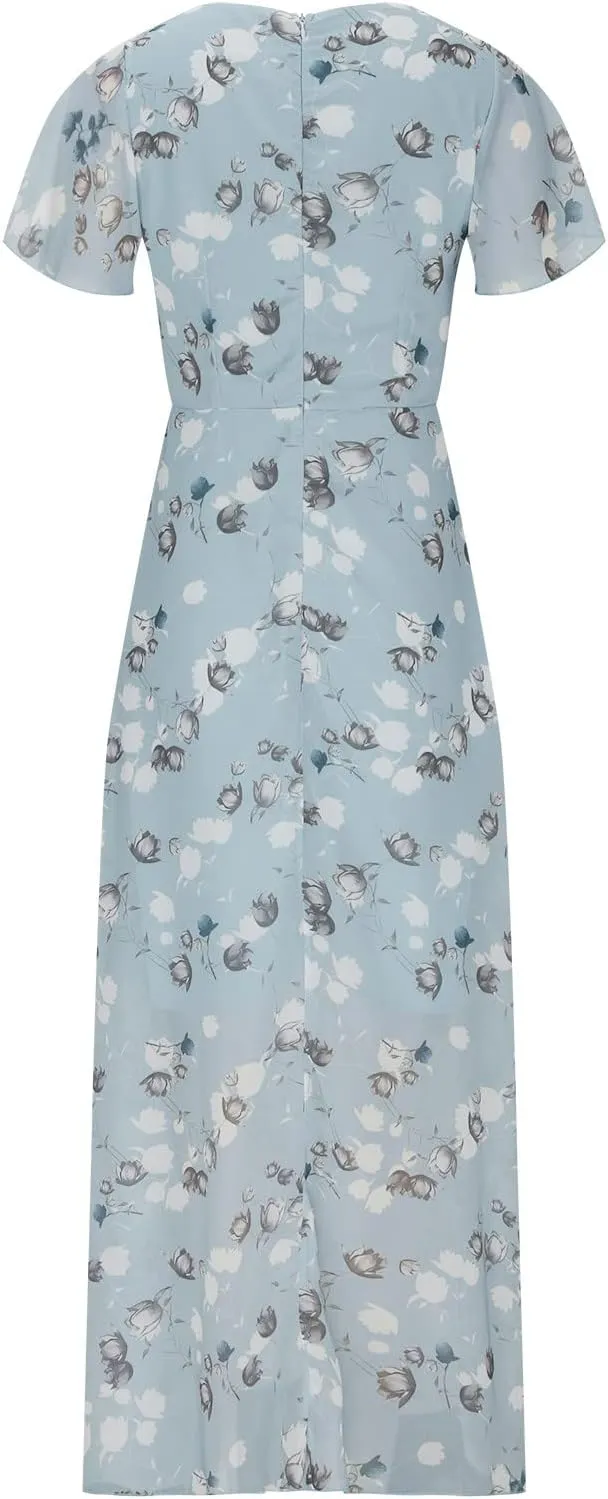 Summer Dress for Women Fashion Short Sleeve V Neck Ruffle Floral Swing A-Line Short Dresses